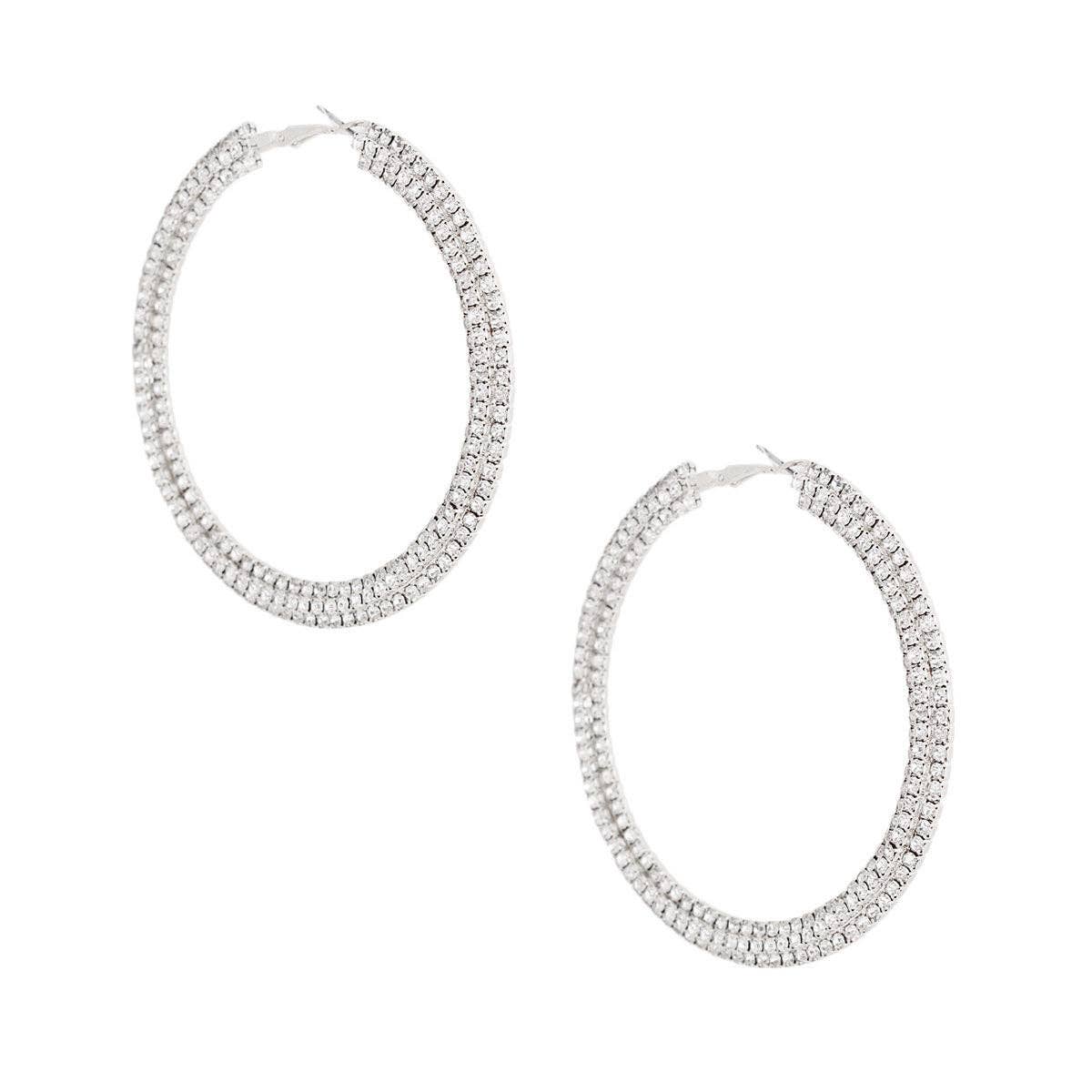 Silver Separated Stone Set Hoops: 3 inches / Clear / Rhodium