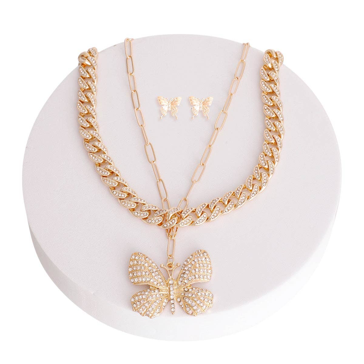 Gold Iced Cuban Butterfly Pendant 2Pc Set: Color / 16 inches / Gold