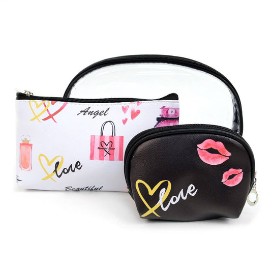 3 Pc Love Graphic Cosmetic Bag Set - LNCTB1716: Black