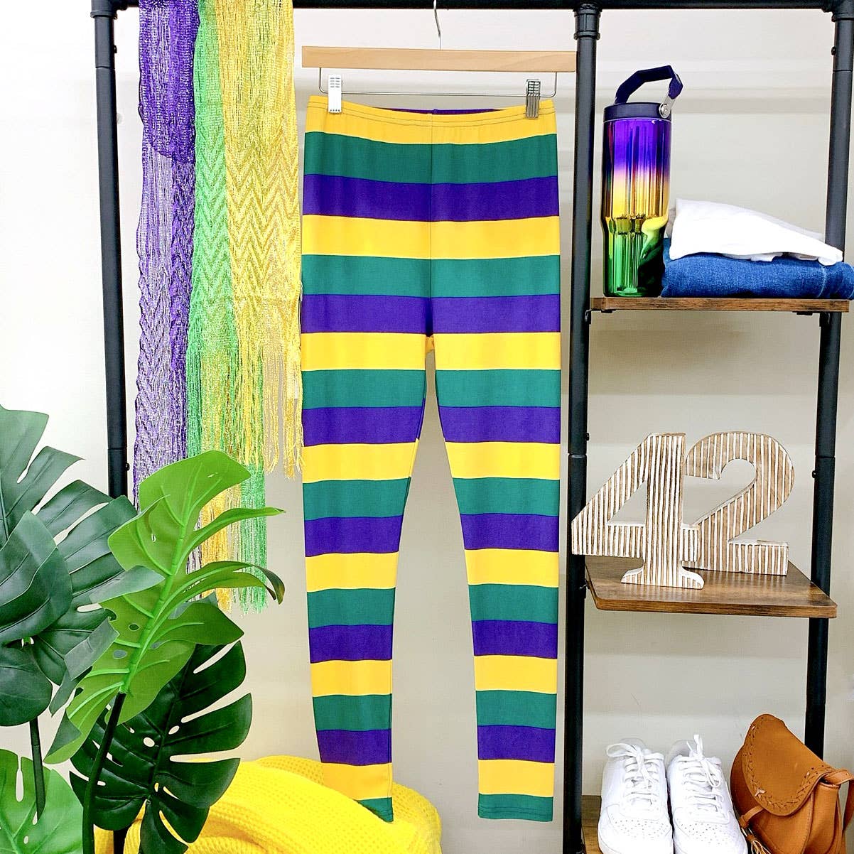 ..Mardi Gras Tri-color Stripe Leggings: MULTI-163678 / OS