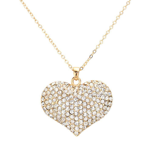 Pave Crystal Rhinestone Heart Pendant Necklace: Gold